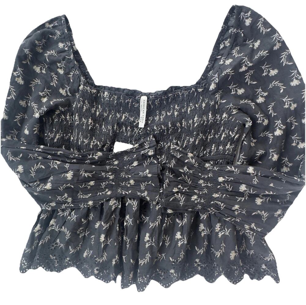 American Eagle Smocked Peplum Blouse Floral‎ Puff Sleeve Women’s M NWT